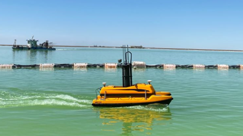 ME120 unmanned surface vehicle conduct bathymetric survey on a salt lake